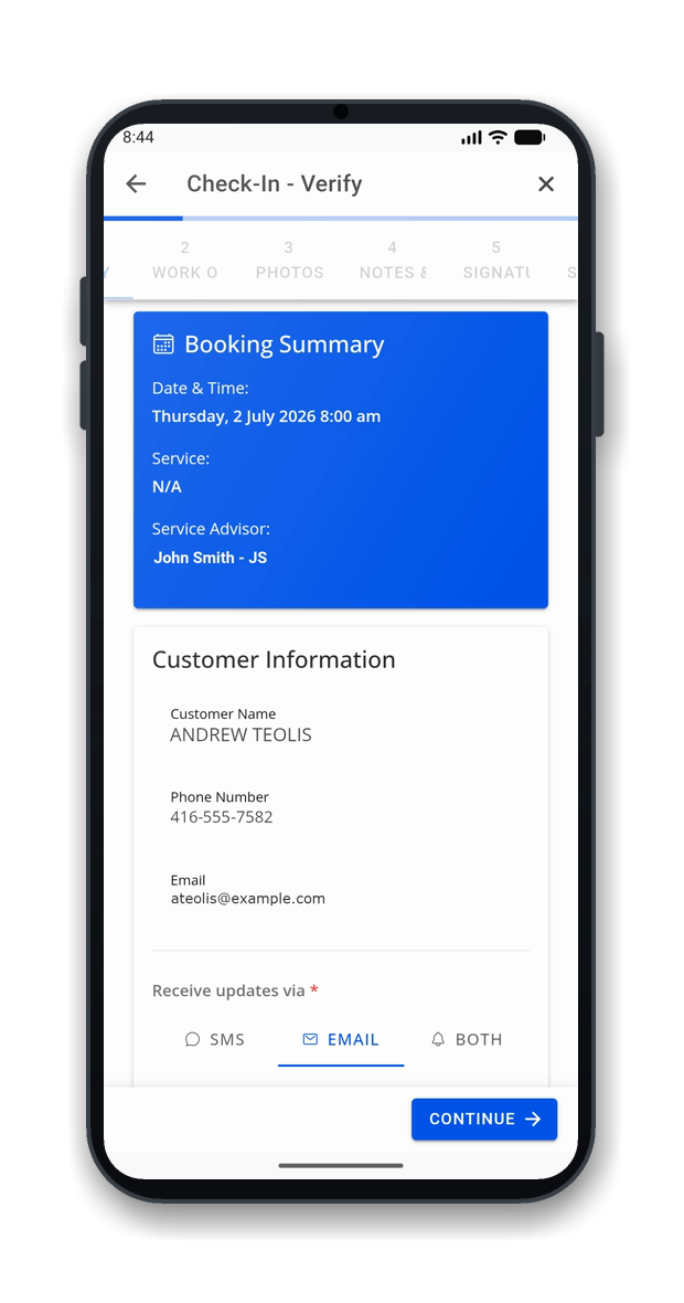 OMNI Check-In: step 1, verify customer and contact details
