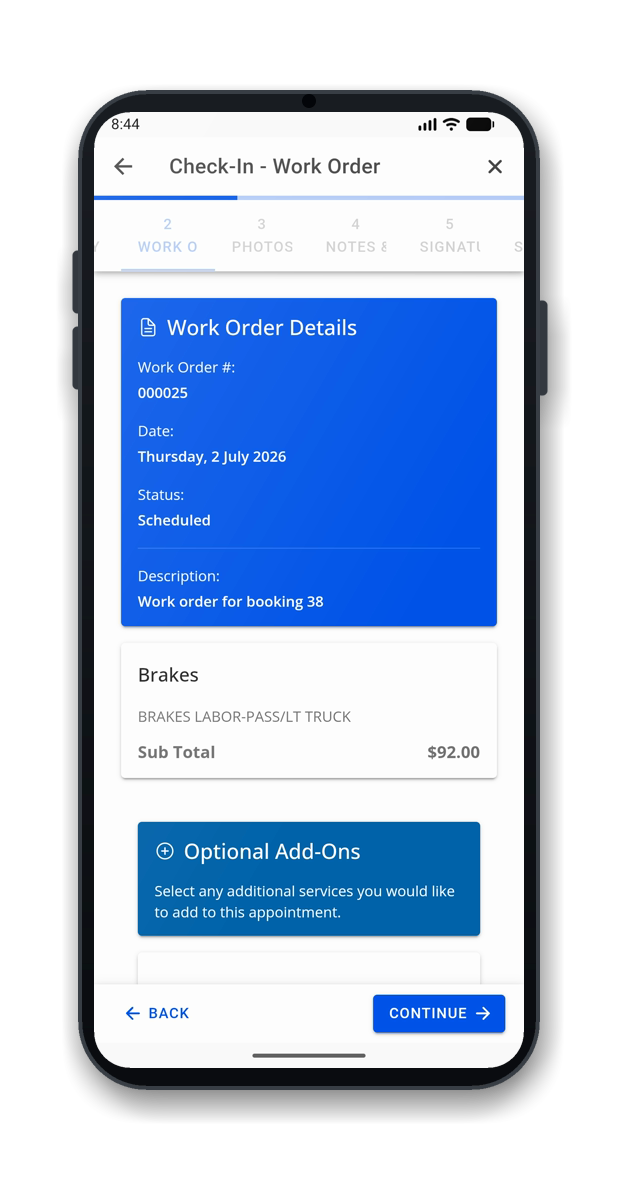 OMNI Check-In: step 2, review work order with optional add-ons