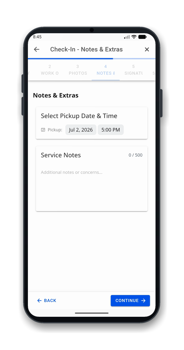 OMNI Check-In: pickup time and service notes