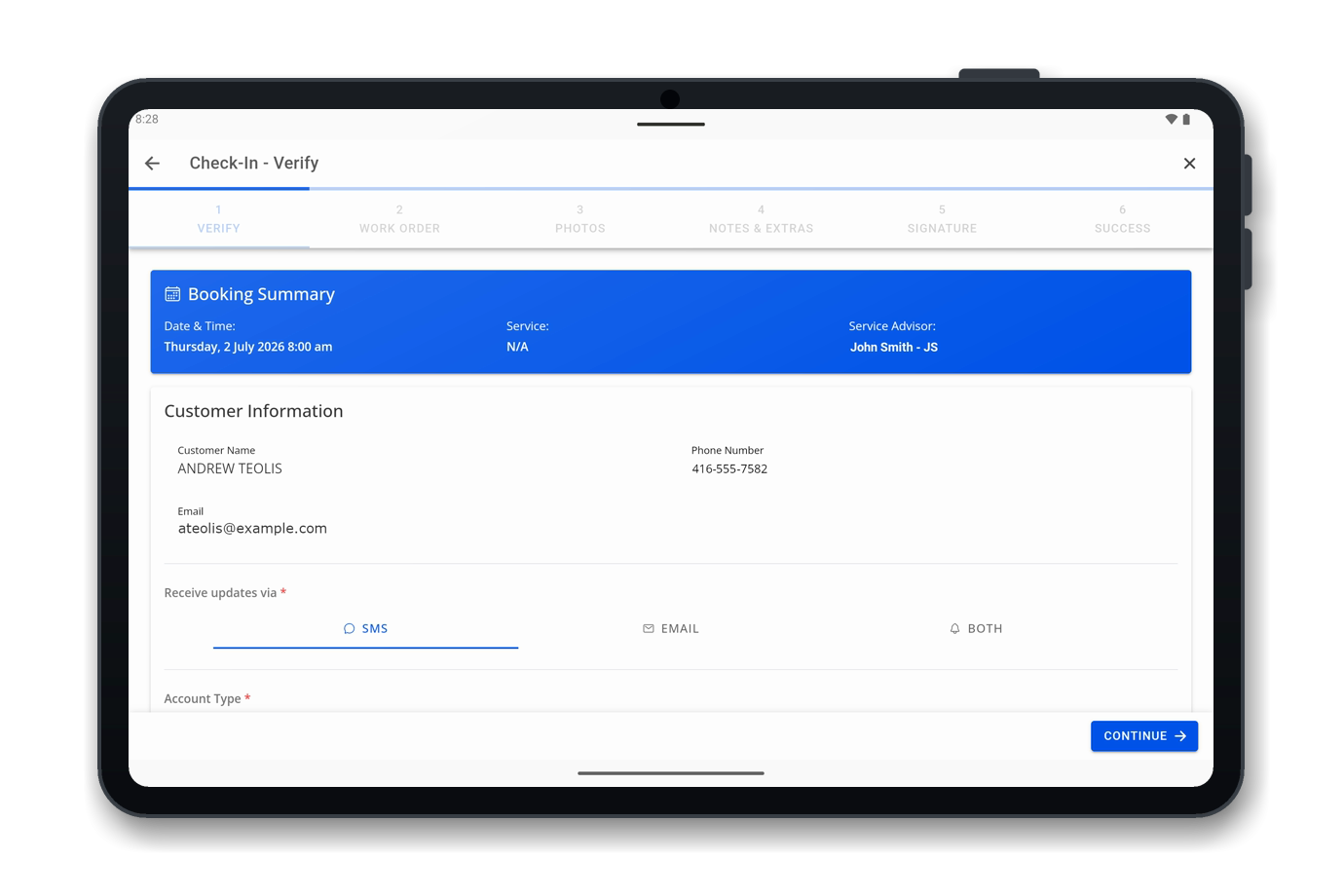 OMNI Check-In: step 1, verify customer and contact details