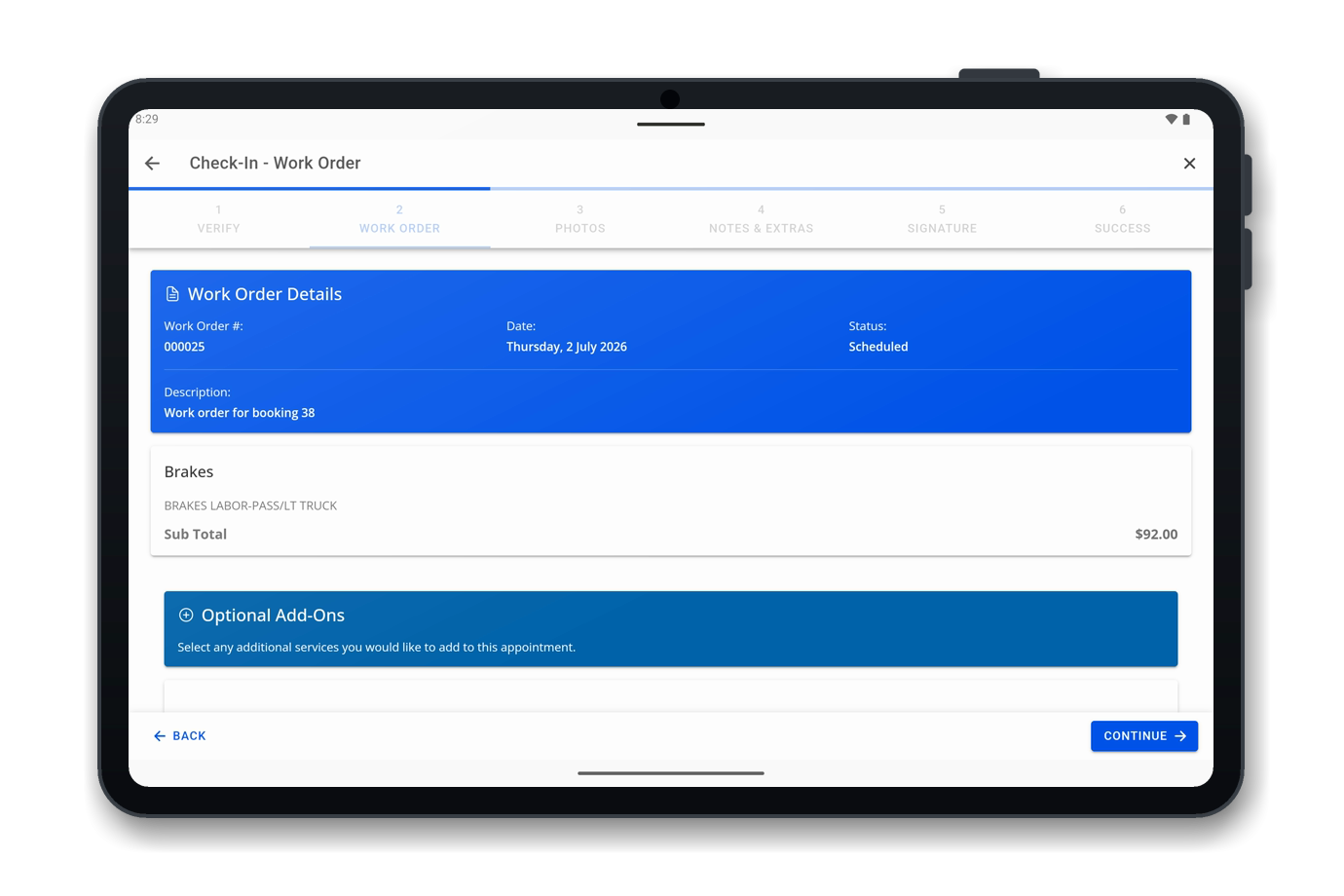 OMNI Check-In: step 2, review work order with optional add-ons