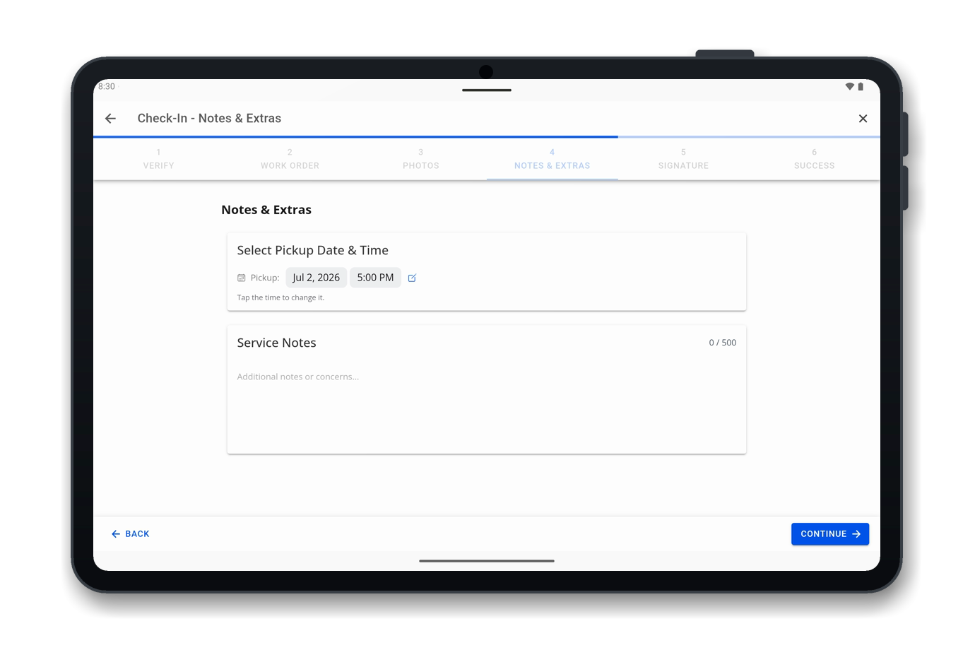 OMNI Check-In: pickup time and service notes