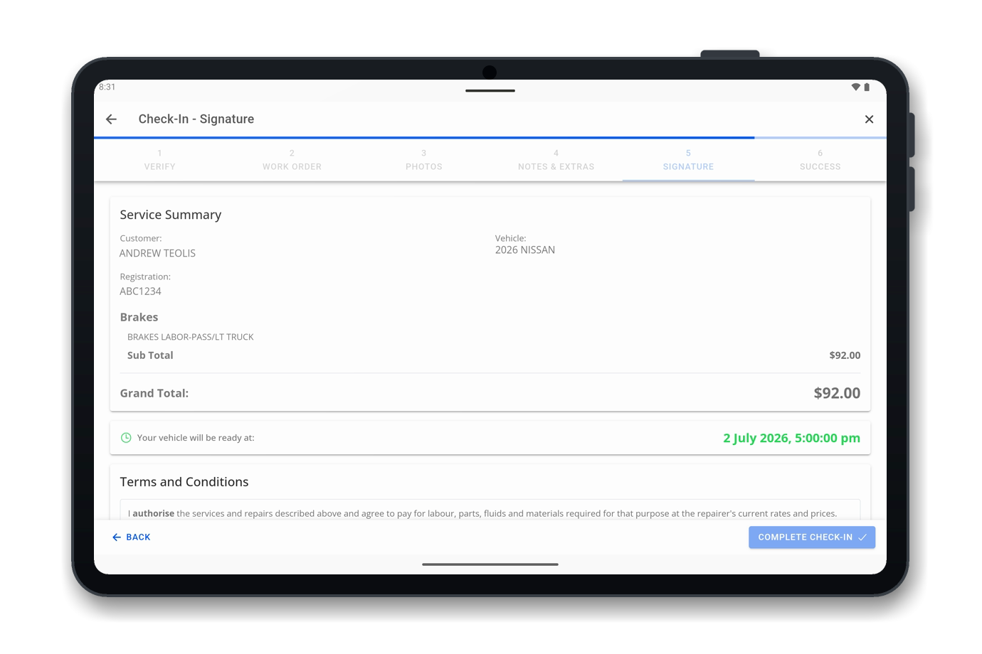 OMNI Check-In: review terms and capture a digital signature