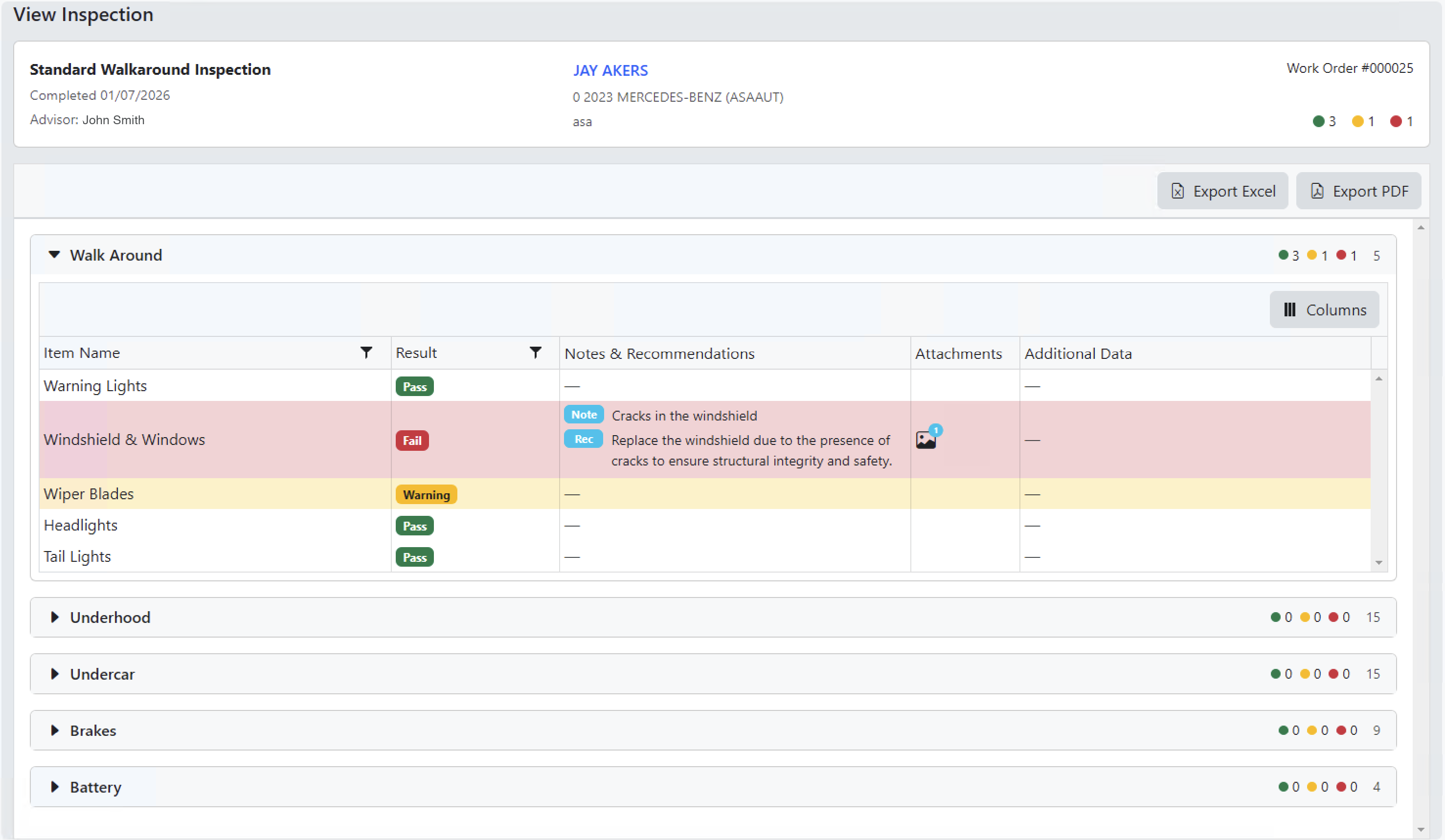 OMNI DVI advisor web console: inspection detail view with pass, warning, and fail results