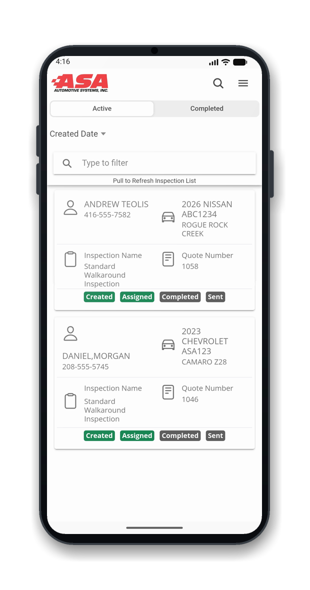 OMNI DVI mobile app: inspection list home screen