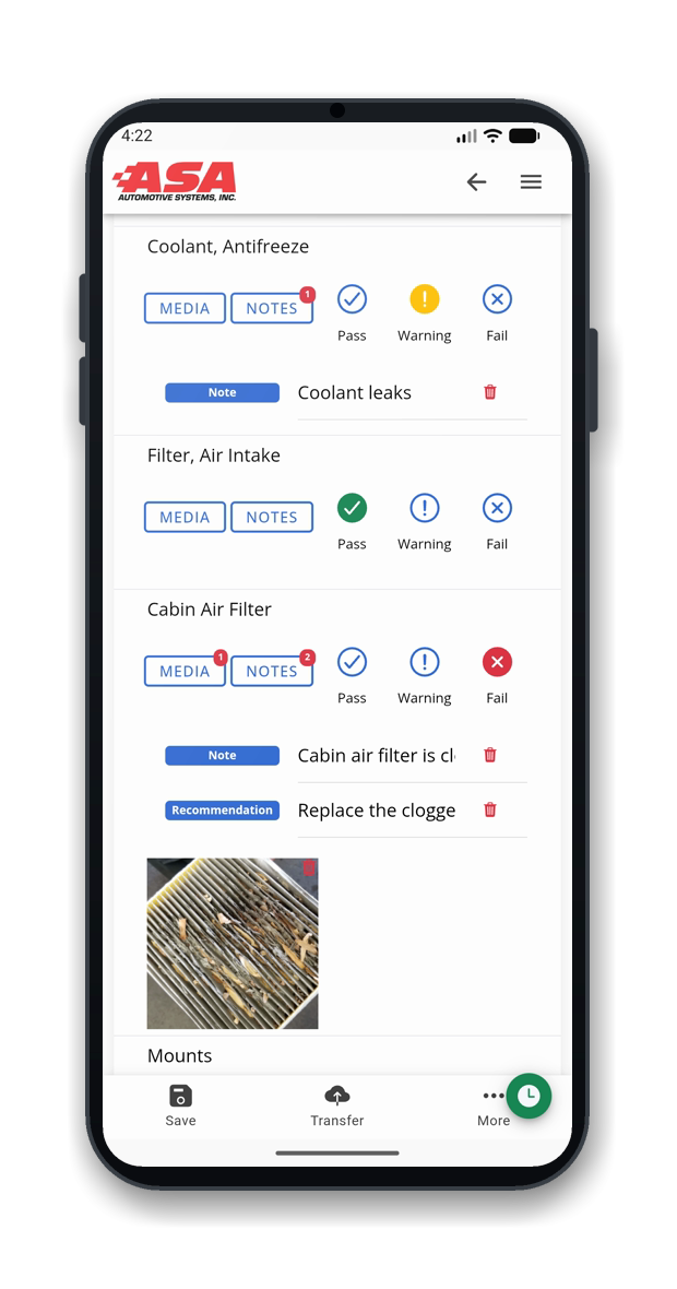 OMNI DVI mobile app: completed inspection summary