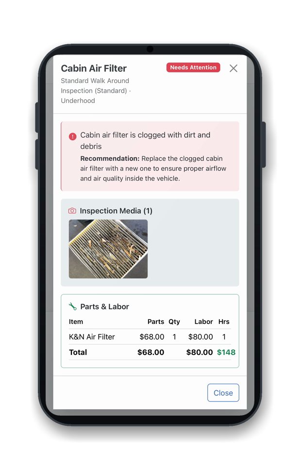 OMNI DVI customer report: item detail with photo evidence, recommendation, and parts and labor pricing