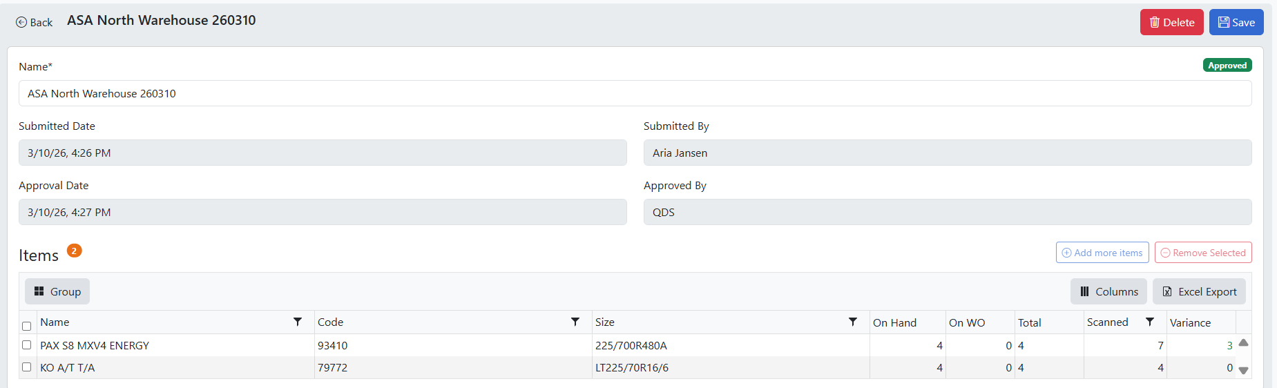 OMNI admin approval screen showing submitted and approved timestamps and an item grid with On Hand, On WO, Total, Scanned, and Variance columns
