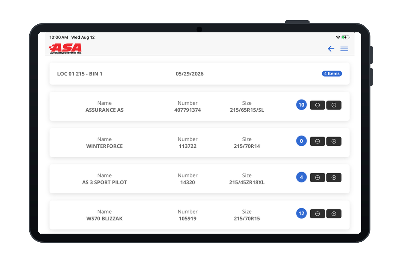 OMNI inventory list on a tablet: bin location, item names, numbers, sizes, and a running scanned quantity per item