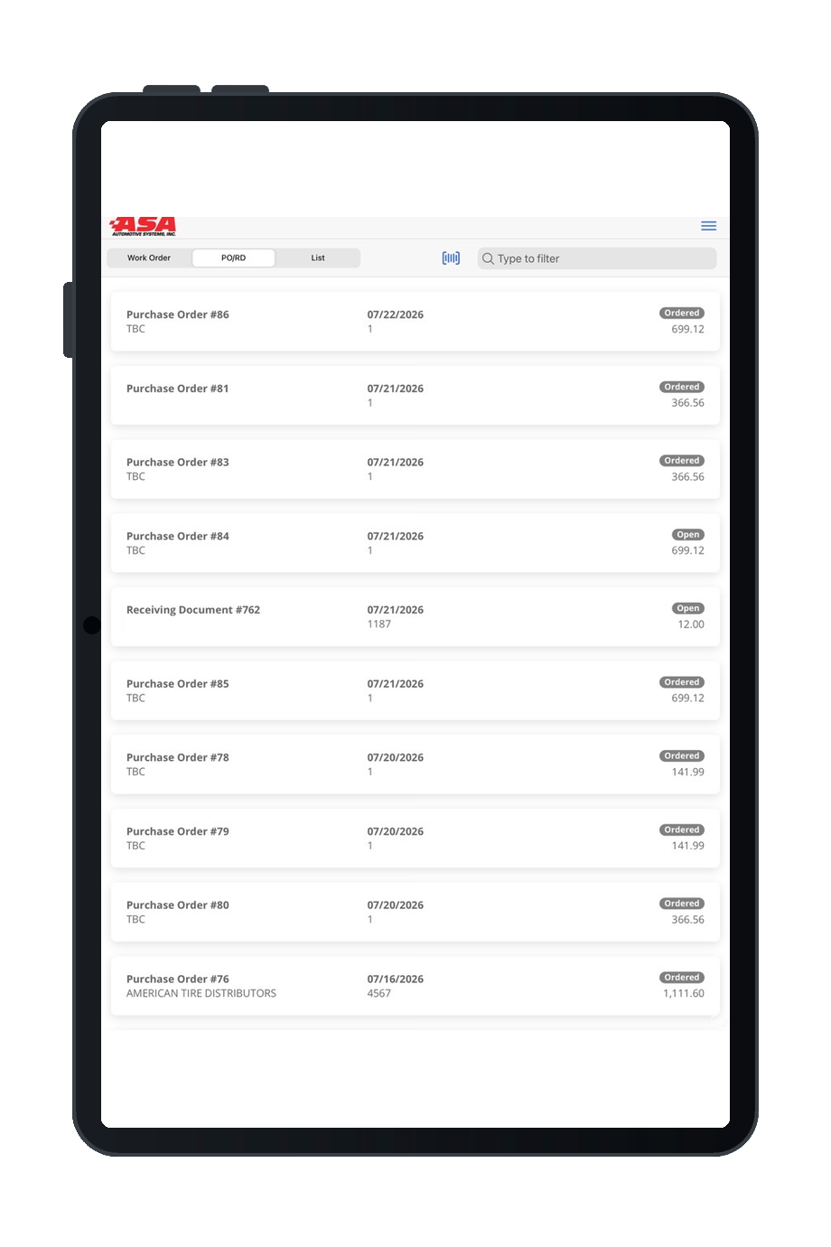 OMNI purchase order and receiving document list on a tablet, each row showing date, vendor, status, and total