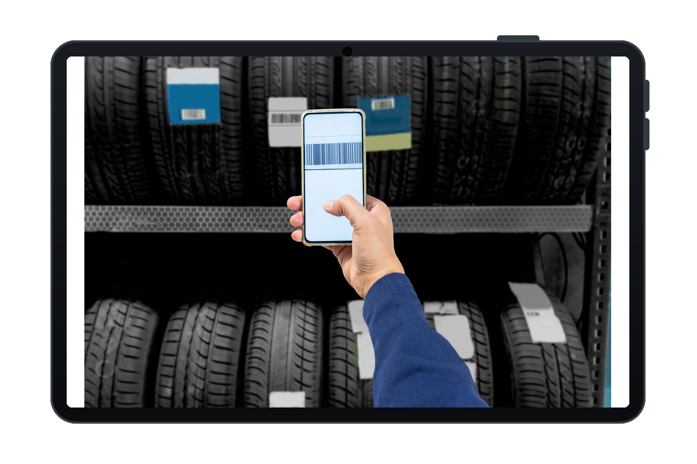 OMNI barcode scanner viewfinder on a tablet, framing the barcode on a Goodyear tire label
