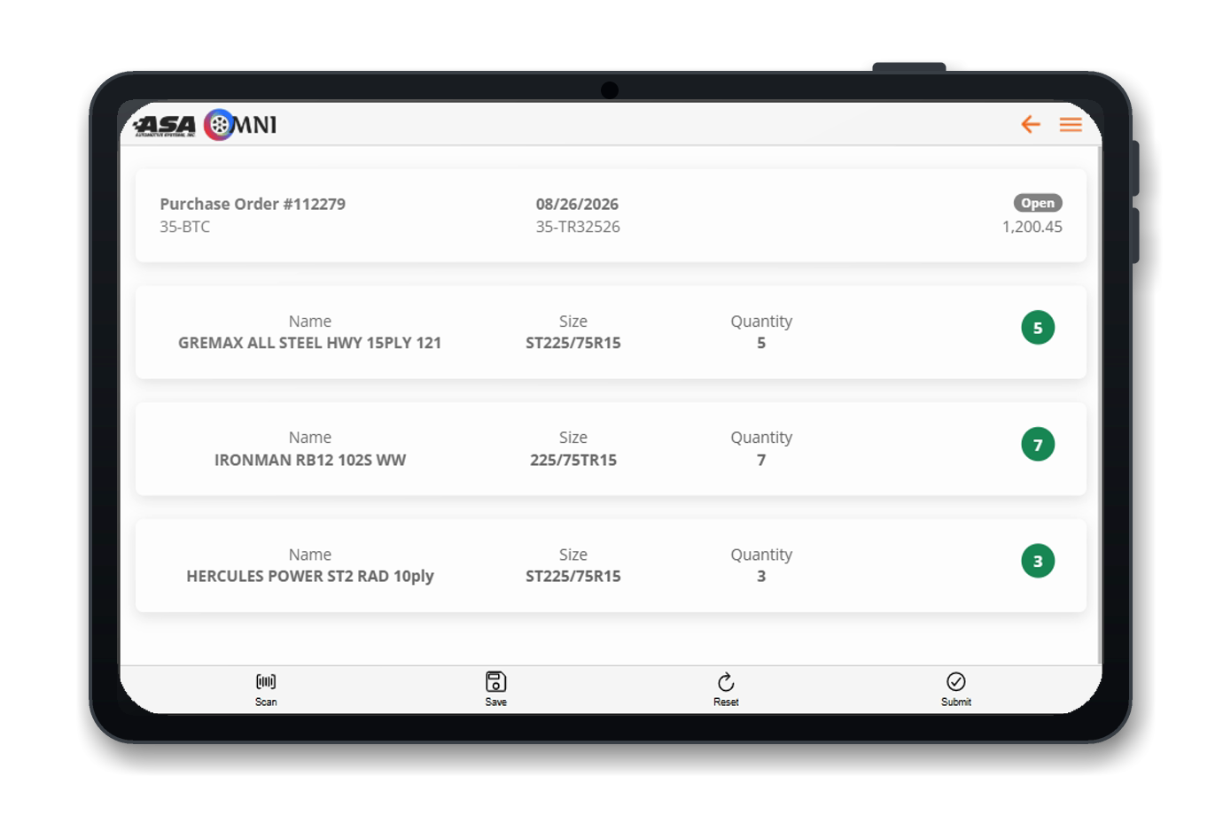 OMNI purchase order on a tablet, showing the same tires scanned against the transfer's PO