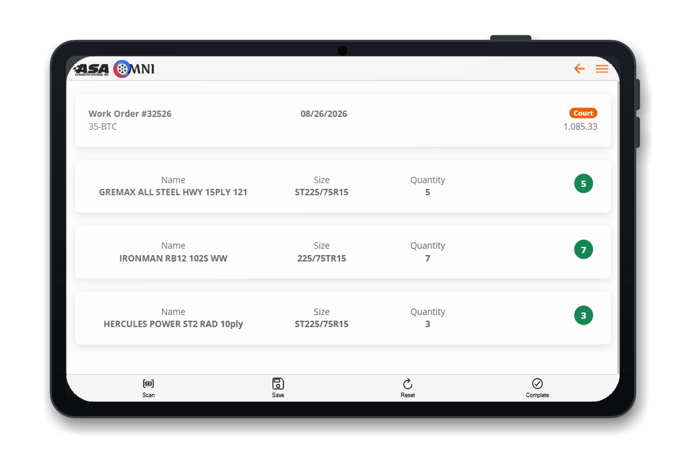 OMNI transfer work order on a tablet, listing each tire by name, size, and quantity with a scanned count per line