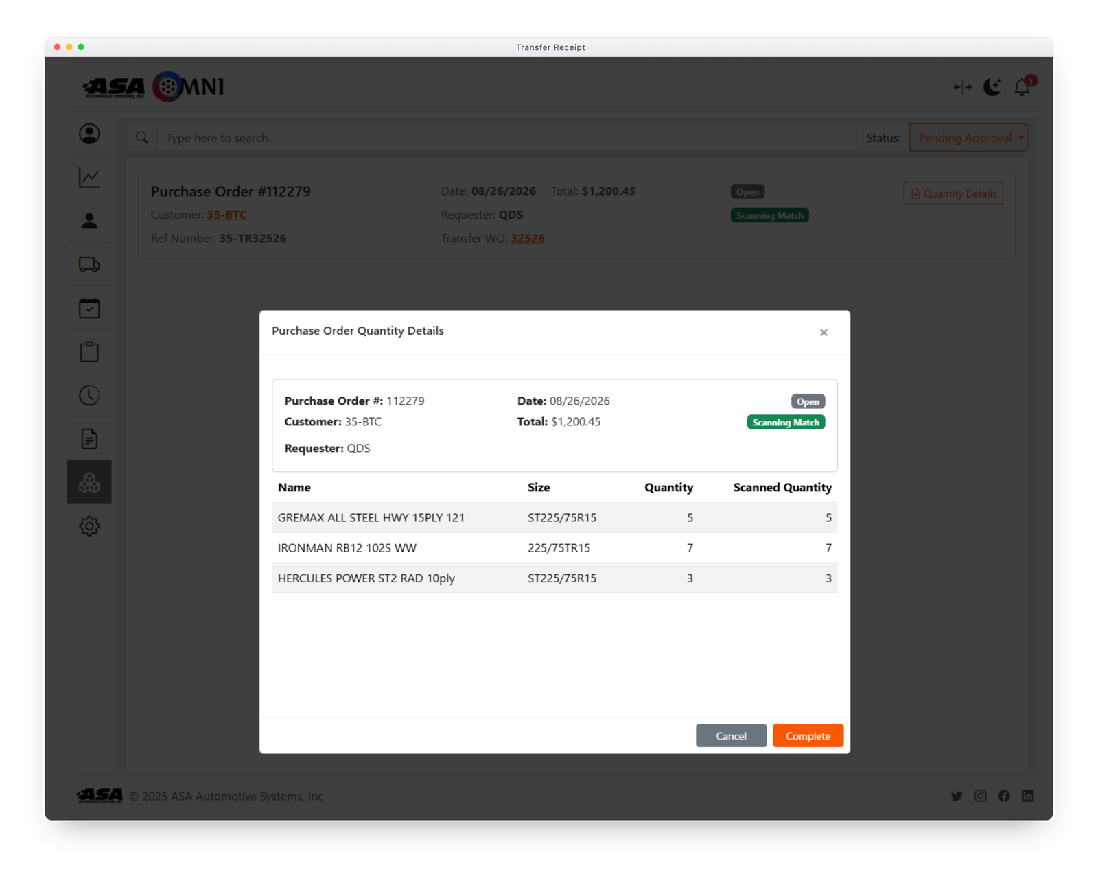 OMNI transfer receipt in the browser, with a quantity details dialog comparing ordered quantity to scanned quantity for each item